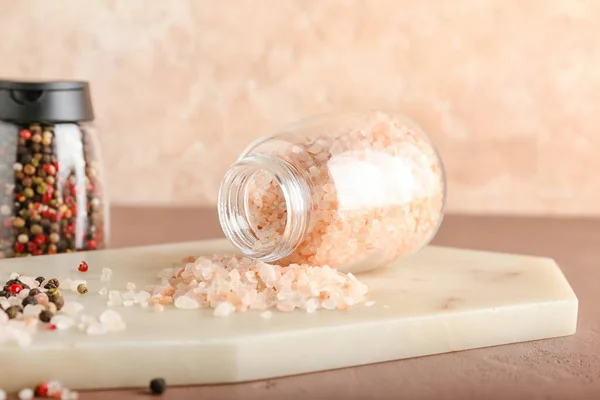 Jars Sea Salt Mixed Peppercorns Color Background — Stock Photo, Image