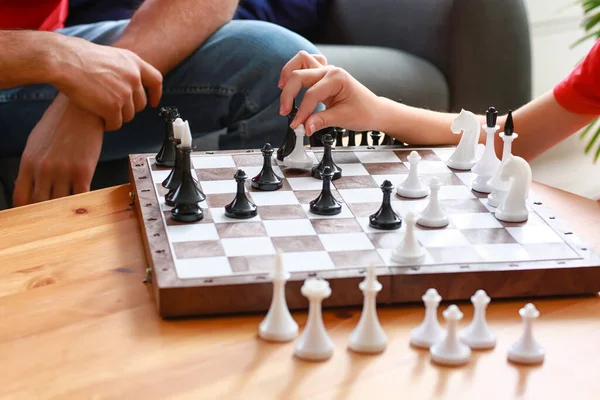 Father Son Playing Chess Home Closeup — Stock Photo, Image