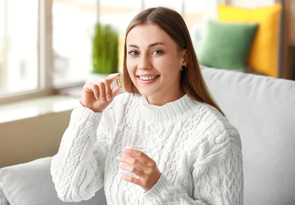 Young Woman Fish Oil Pill Home — Stock Photo, Image