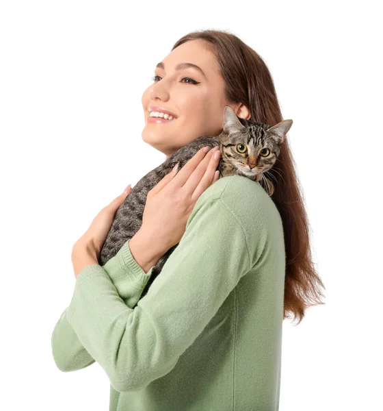 Beautiful Young Woman Cute Cat White Background — Stock Photo, Image