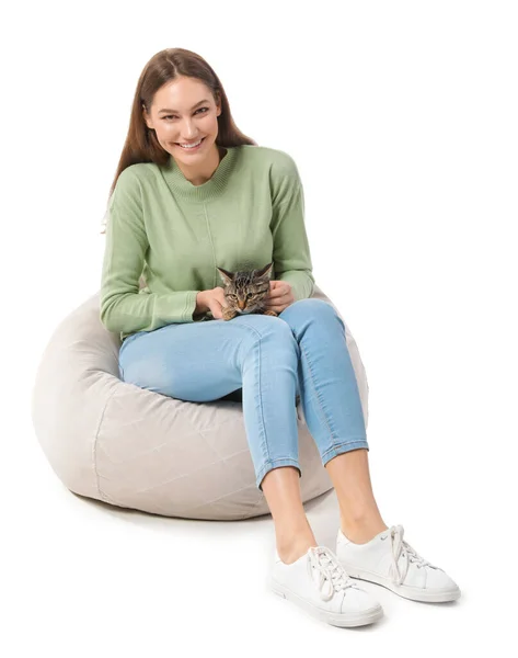 Beautiful Young Woman Cute Cat White Background — Stock Photo, Image
