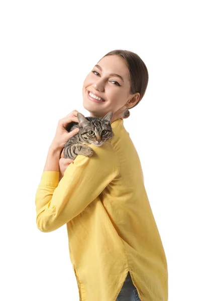 Beautiful Young Woman Cute Cat White Background — Stock Photo, Image