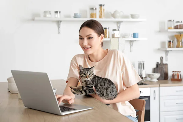 Beautiful Young Woman Cute Cat Using Laptop Kitchen — Stock Photo, Image