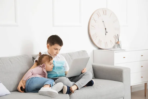 Cute Little Children Using Laptop Home — Stock Photo, Image