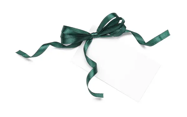 Blank Sheet Paper Green Ribbon Bow White Background — Stock fotografie
