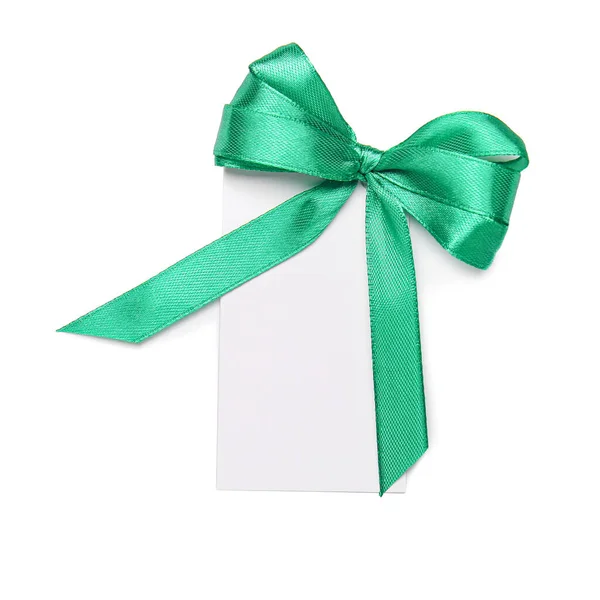 Blank Sheet Paper Green Ribbon Bow White Background — Stock Photo, Image