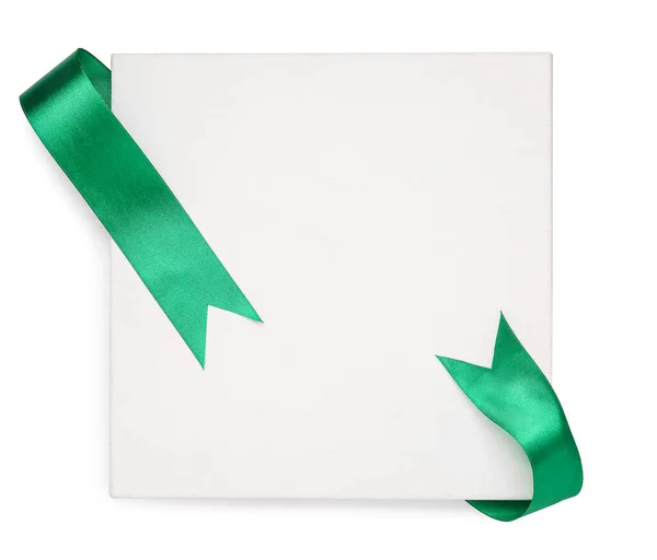Blank Card Green Ribbon White Background — Stock Fotó