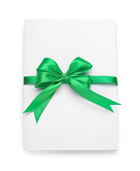 Blank Sheet Paper Green Ribbon Bow White Background — Stock Fotó