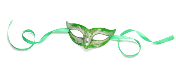 Festival Mask Green Ribbon White Background — Stock Photo, Image