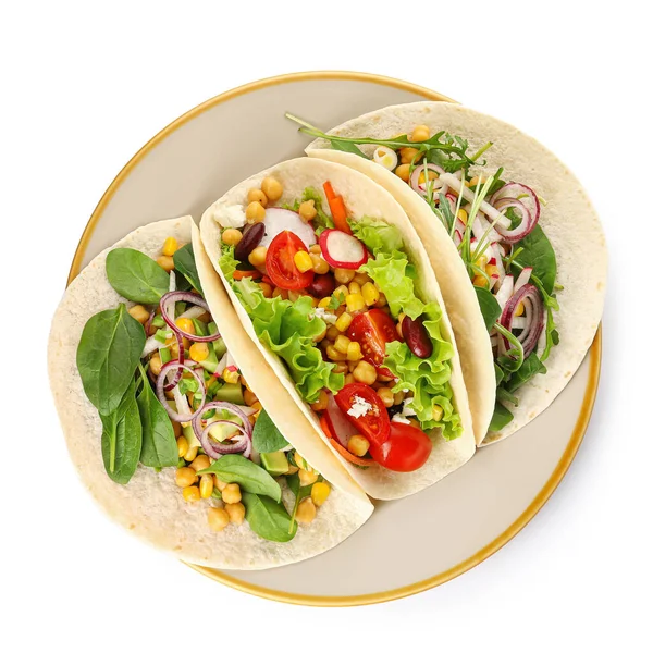 Plate Tasty Vegetarian Tacos White Background — Stock Photo, Image