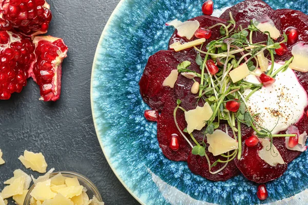 Composition Delicious Beetroot Carpaccio Dark Background Closeup — Stock Photo, Image