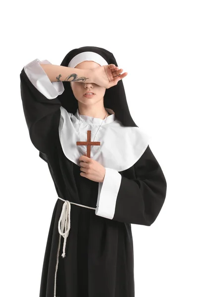 Young Nun Tattoo White Background — Stock Photo, Image