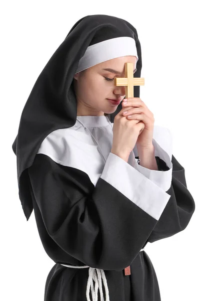 白人背景的年轻祈祷修女 — 图库照片
