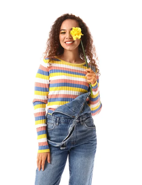 Beautiful Young African American Woman Narcissus White Background — Stock Photo, Image