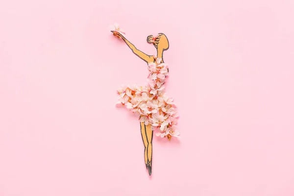 Paper Ballerina Figure Beautiful Fruit Tree Flowers Color Background — Stock Photo, Image