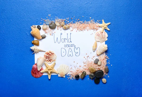 Folha Papel Com Texto World Ocean Day Conchas Mar Sobre — Fotografia de Stock