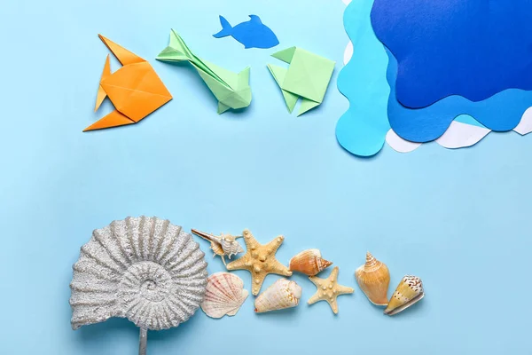 Paper Fishes Sea Waves Shells Color Background Ecology Concept — Stock Photo, Image