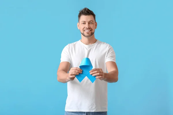 Man Blue Ribbon Color Background Prostate Cancer Awareness Concept — Stock Photo, Image