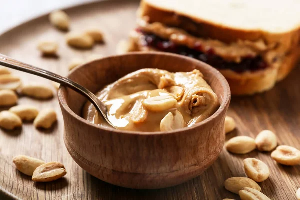 Bowl Tasty Peanut Butter Tray Closeup — Stock Photo, Image