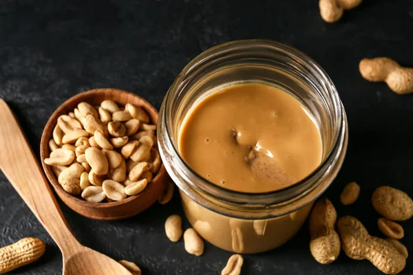 Jar Tasty Peanut Butter Dark Background — Stock Photo, Image