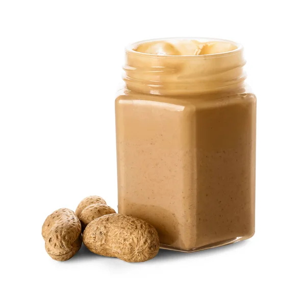 Jar Tasty Peanut Butter White Background — Stock Photo, Image