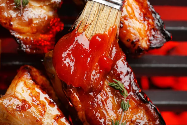 Spreading Barbecue Sauce Roasted Pork Grill — Stock Photo, Image