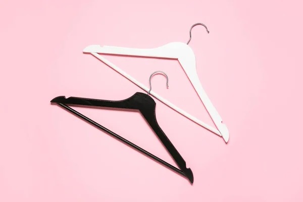 Stylish Clothes Hangers Color Background — Stock Photo, Image
