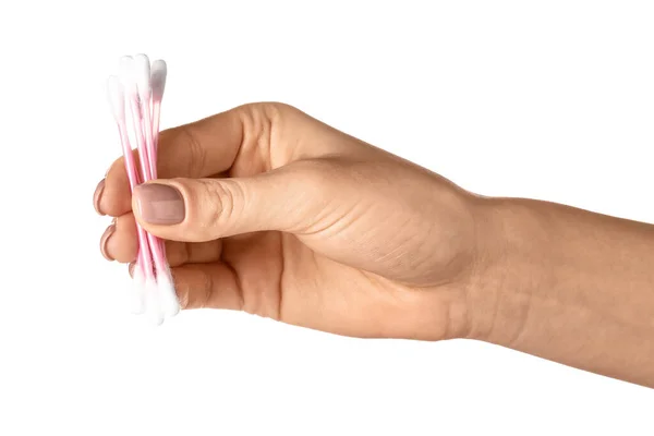 Female Hand Cotton Buds White Background — Stock Photo, Image