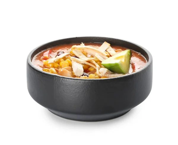 Bowl Tasty Chicken Enchilada Soup White Background — Stock Photo, Image
