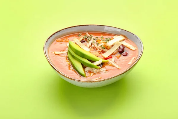 Bowl Tasty Chicken Enchilada Soup Color Background — Stock Photo, Image