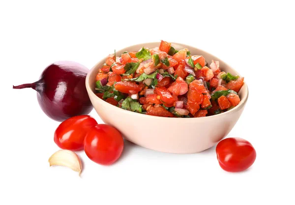 Schaal Van Smakelijke Pico Gallo Salsa Witte Achtergrond — Stockfoto