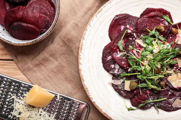 Plate Delicious Beetroot Carpaccio Wooden Table — Stock Photo, Image