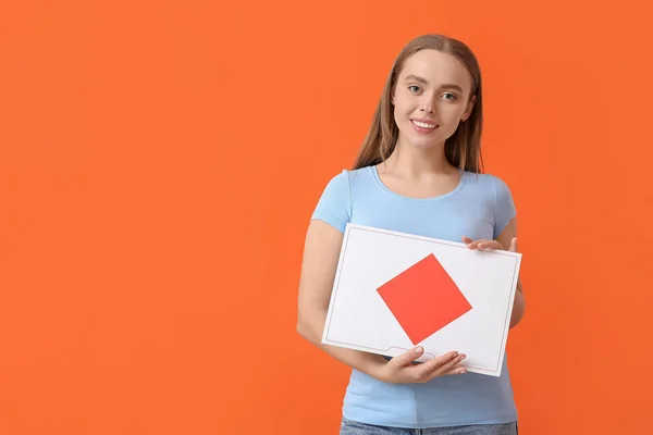 Young Woman Letter Color Background — Stock Photo, Image