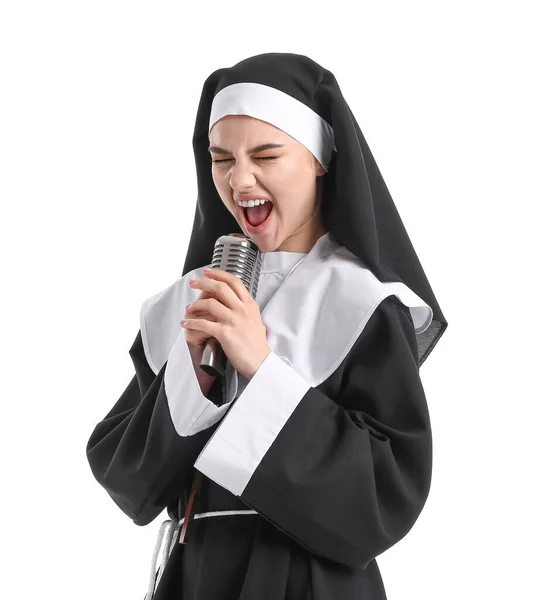 Naughty Young Nun Microphone Singing White Background — Stock Photo, Image