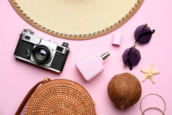 Set Female Accessories Coconut Color Background — Stock Photo, Image