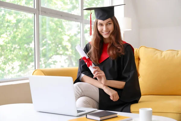 Happy Female Student Her Graduation Day Home Concept Studying Online — Stock Photo, Image