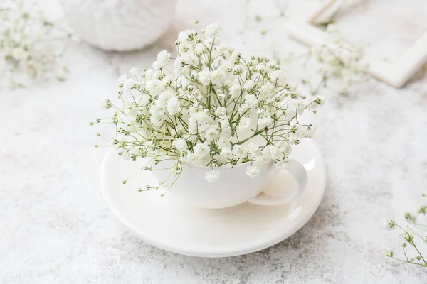 Cup Beautiful Gypsophila Flowers Light Background Closeup — Stock Photo, Image