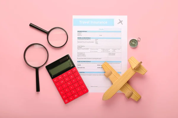 Composition Travel Insurance Plane Figure Color Background — Stock Photo, Image
