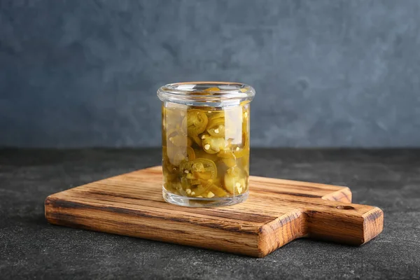 Glass Jar Canned Jalapeno Dark Background — Stock Photo, Image