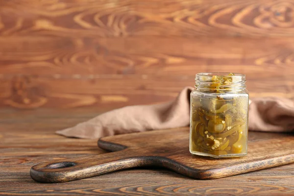 Glass Jar Canned Jalapeno Wooden Background — Stock Photo, Image