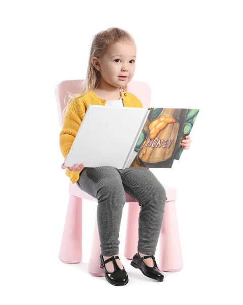 Cute Little Girl Book White Background — Stock Photo, Image