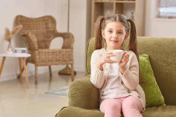 Cute Little Girl Drinking Tea Home — Stock Photo, Image