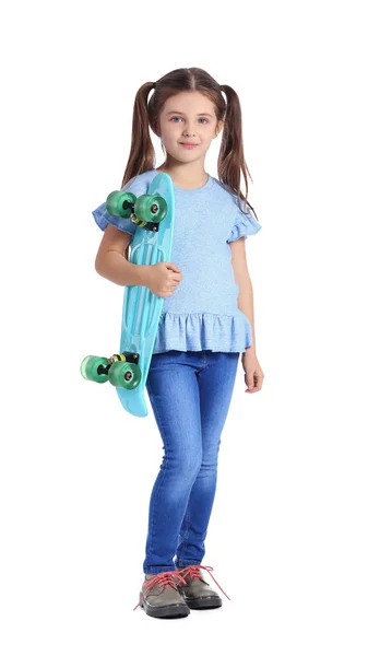 Маленька Дівчинка Скейтбордом Білому Тлі — стокове фото