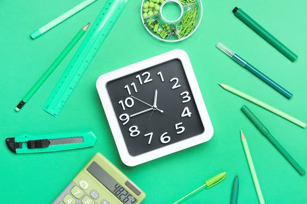 Composition Stylish Clock Stationery Color Background — Stock Photo, Image