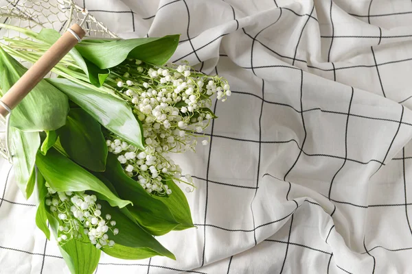 Basket Beautiful Lily Valley Flowers Light Fabric — Stock Photo, Image