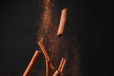 Düşen tarçın çubukları ve koyu arkaplanda pudra