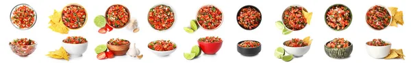 Bol Savoureuse Salsa Pico Gallo Sur Fond Blanc — Photo