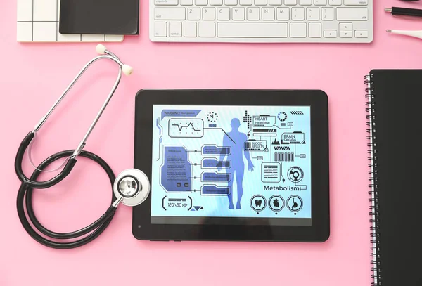 Tablet Computer Stethoscope Color Background — Stock Photo, Image