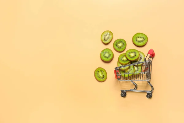 Shopping Cart Ripe Kiwi Color Background — Stock Photo, Image