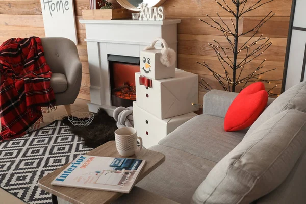 Interieur Woonkamer Met Decoratieve Sneeuwpop — Stockfoto